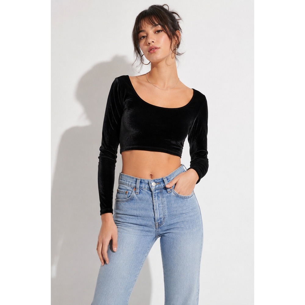 American Apparel Crop Top M Black Velvet Long Sleeve Scoop Neck‎ 90s Indie Basic